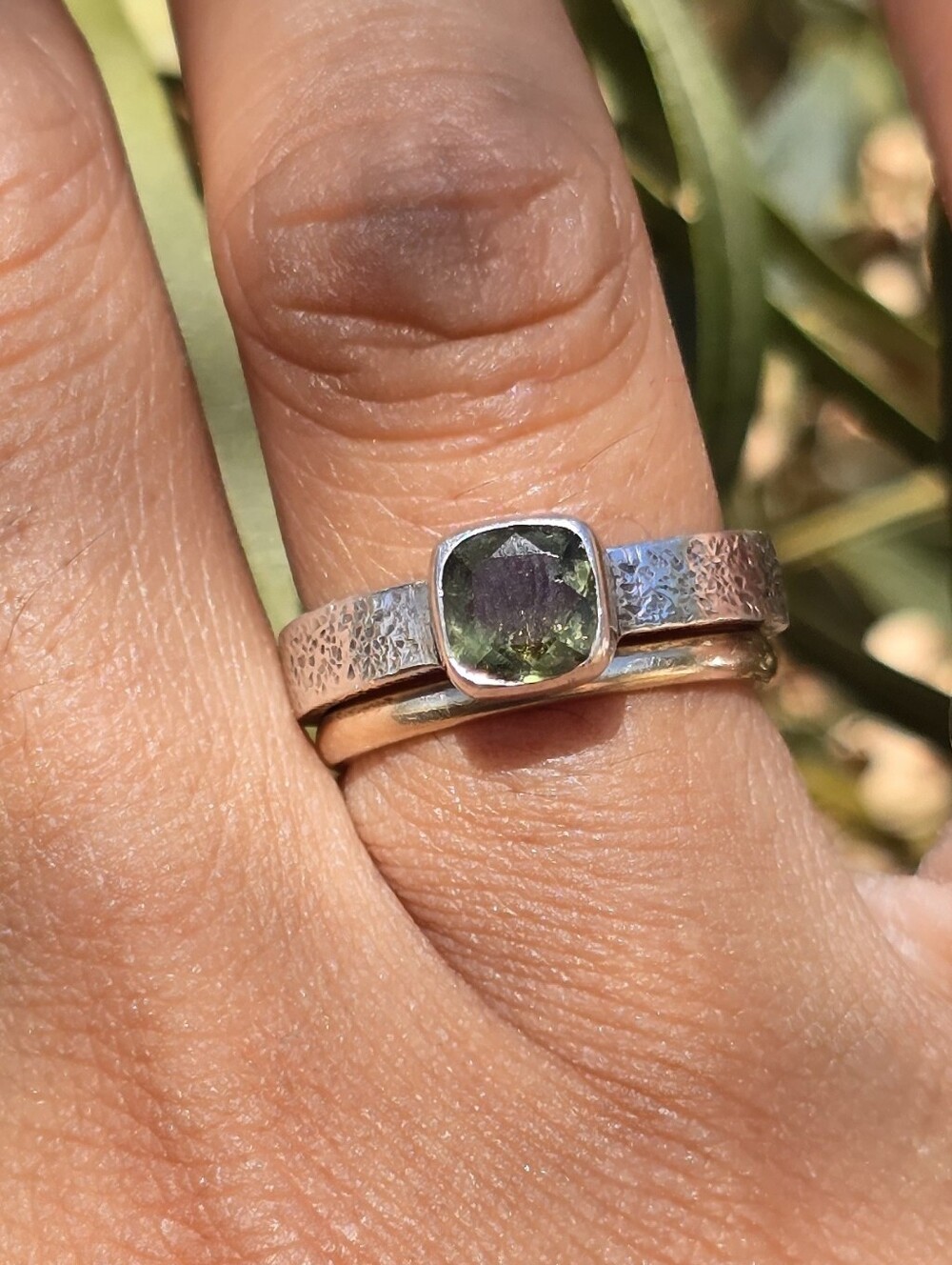 Stunning artisan handmade square moldavite textured band 925 sterling ring